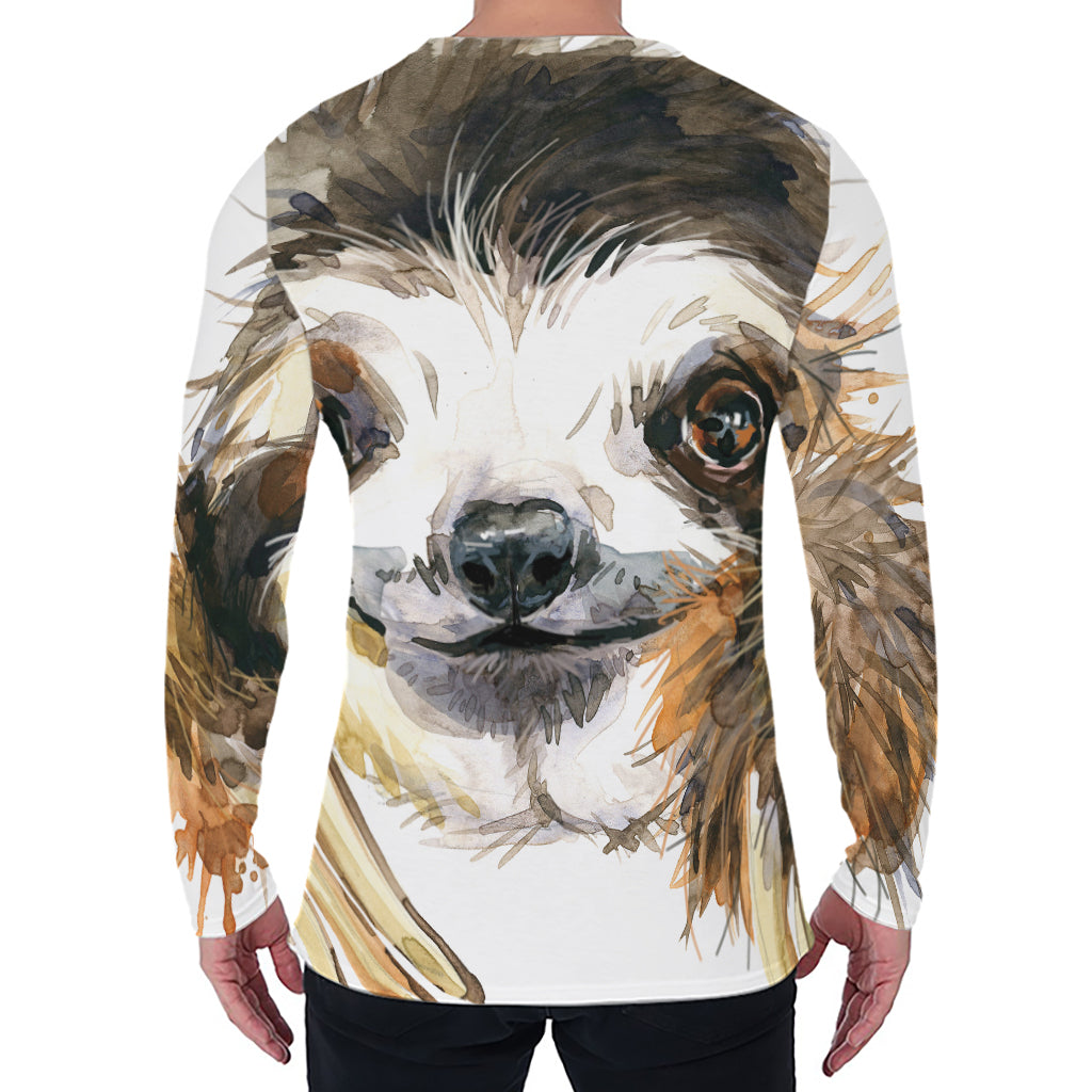 Watercolor Sloth Print Men's Long Sleeve T-Shirt