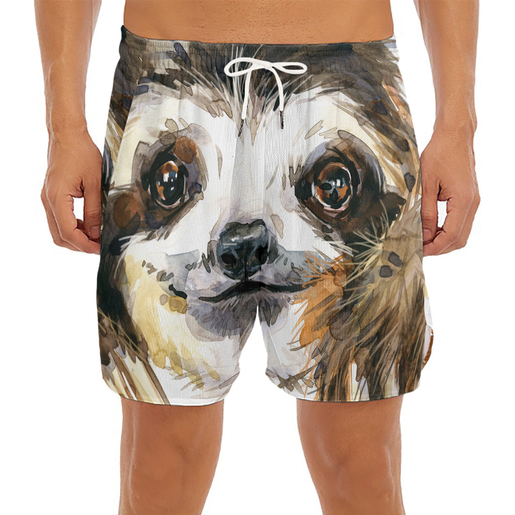 Watercolor Sloth Print Men's Split Running Shorts