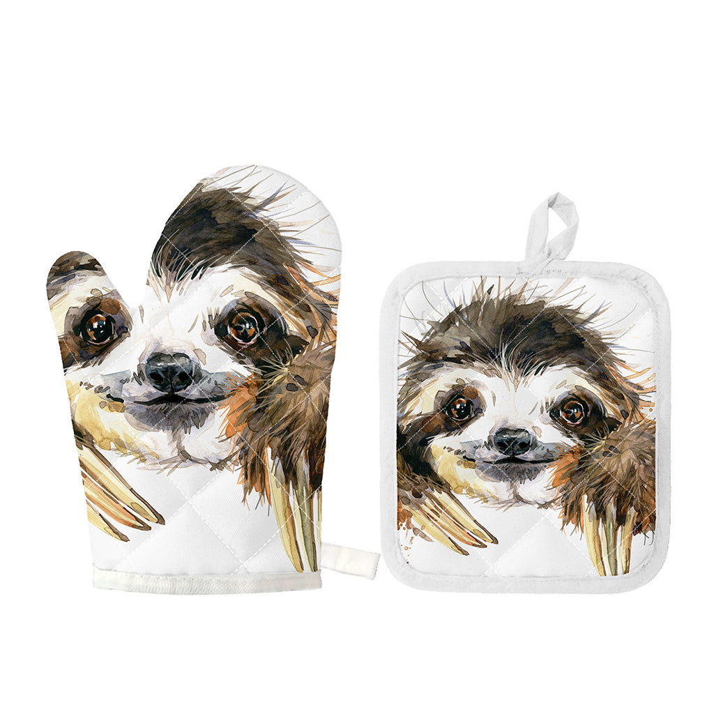 Watercolor Sloth Print Oven Mitt And Pot Holder Set
