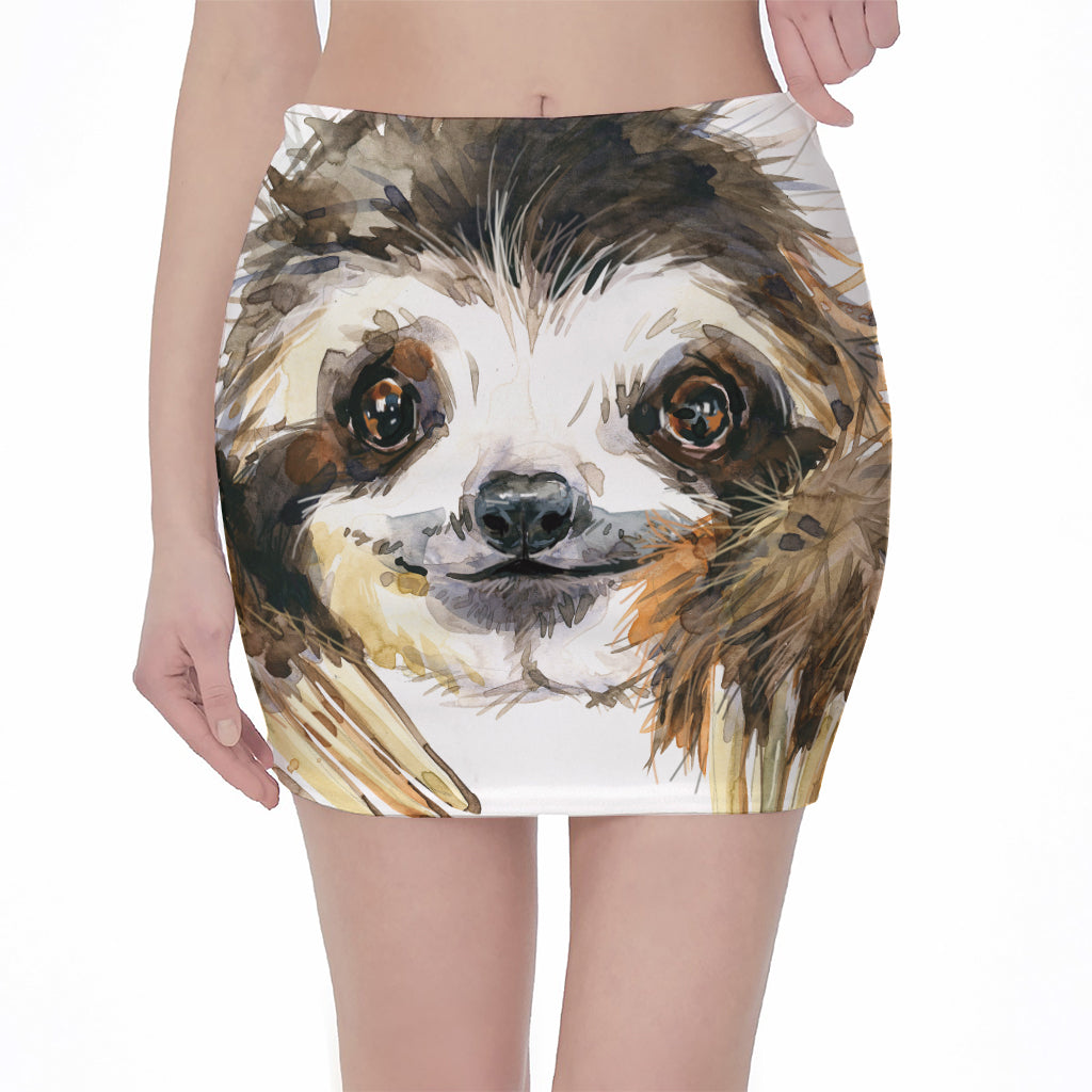 Watercolor Sloth Print Pencil Mini Skirt