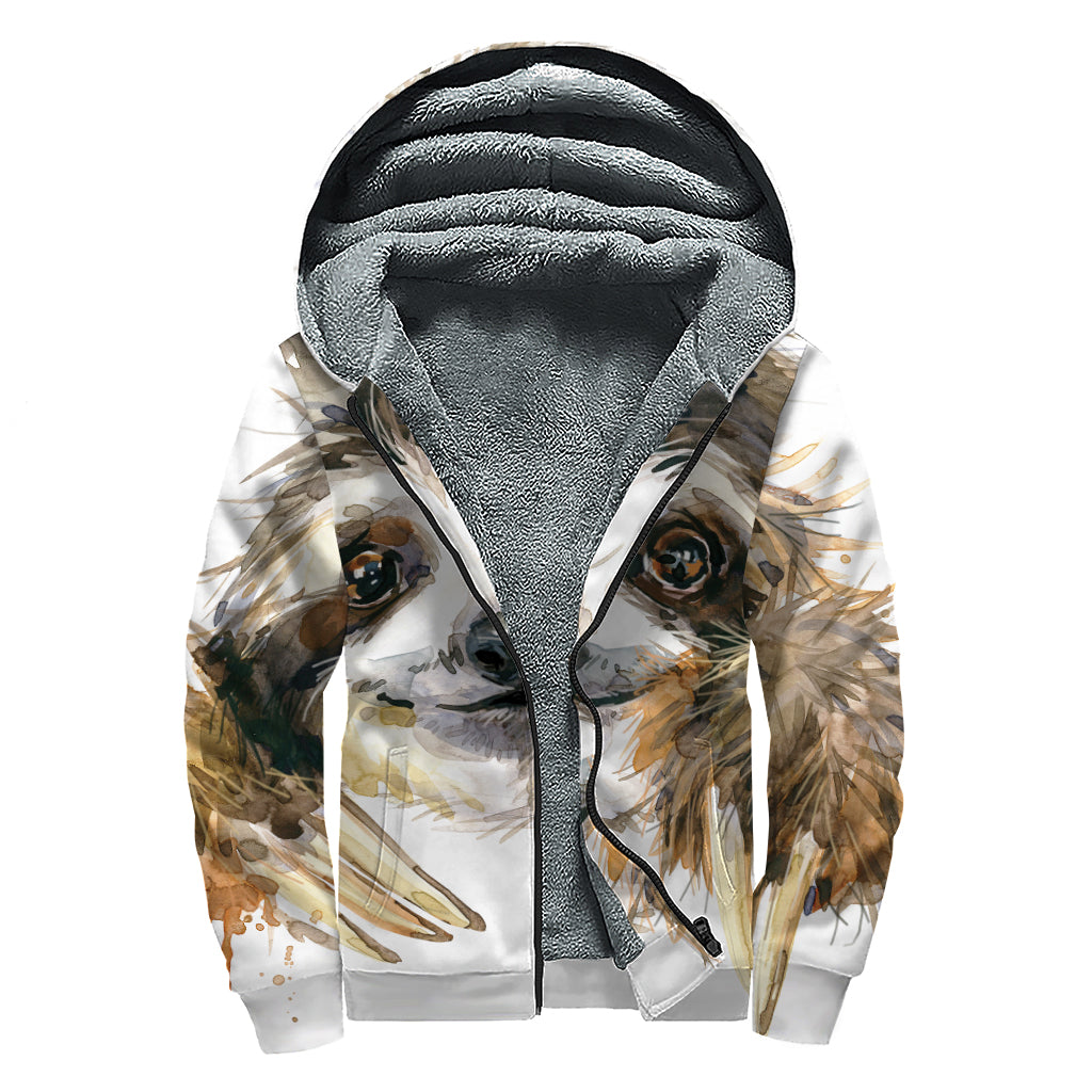 Watercolor Sloth Print Sherpa Lined Zip Up Hoodie
