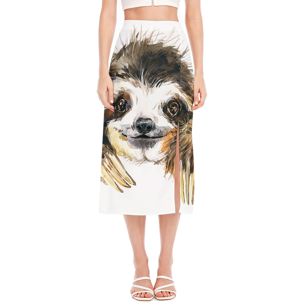 Watercolor Sloth Print Side Slit Midi Skirt