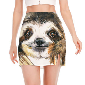 Watercolor Sloth Print Side Slit Mini Skirt