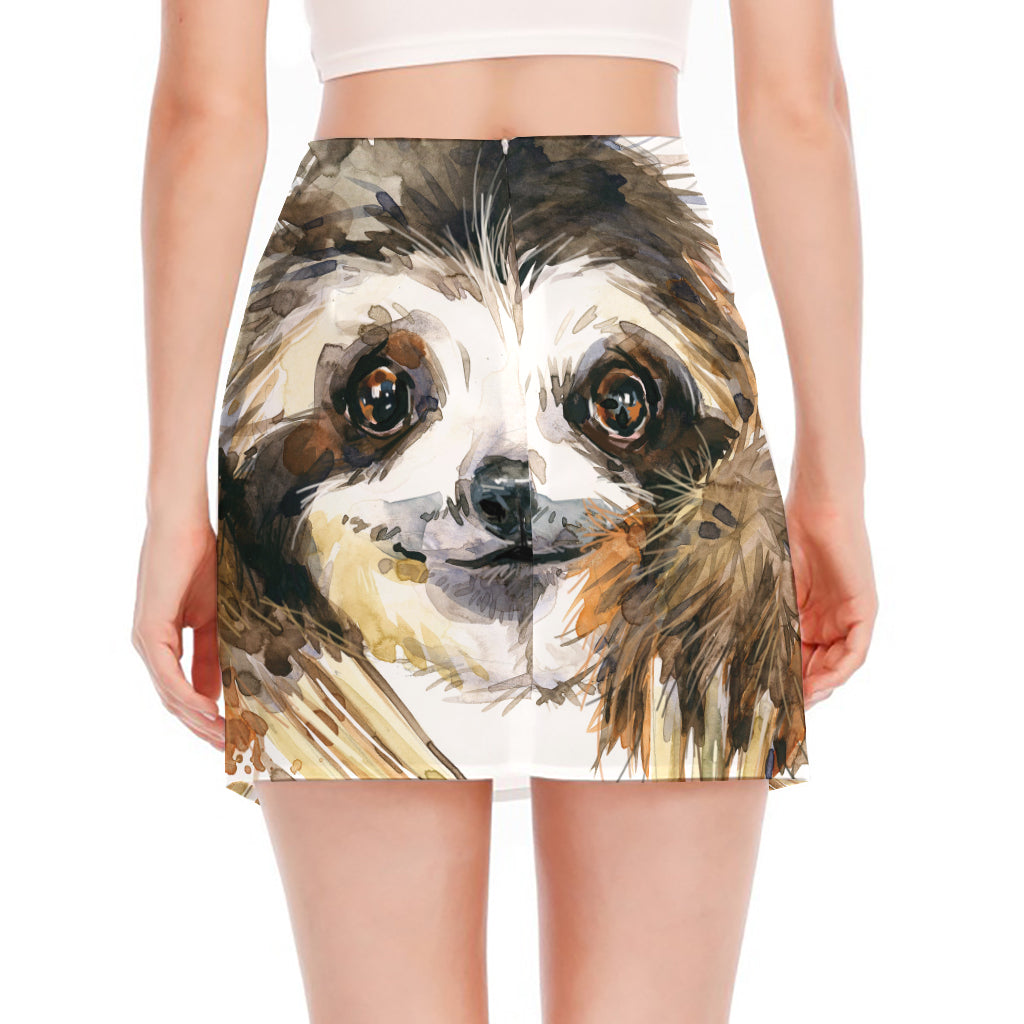 Watercolor Sloth Print Side Slit Mini Skirt