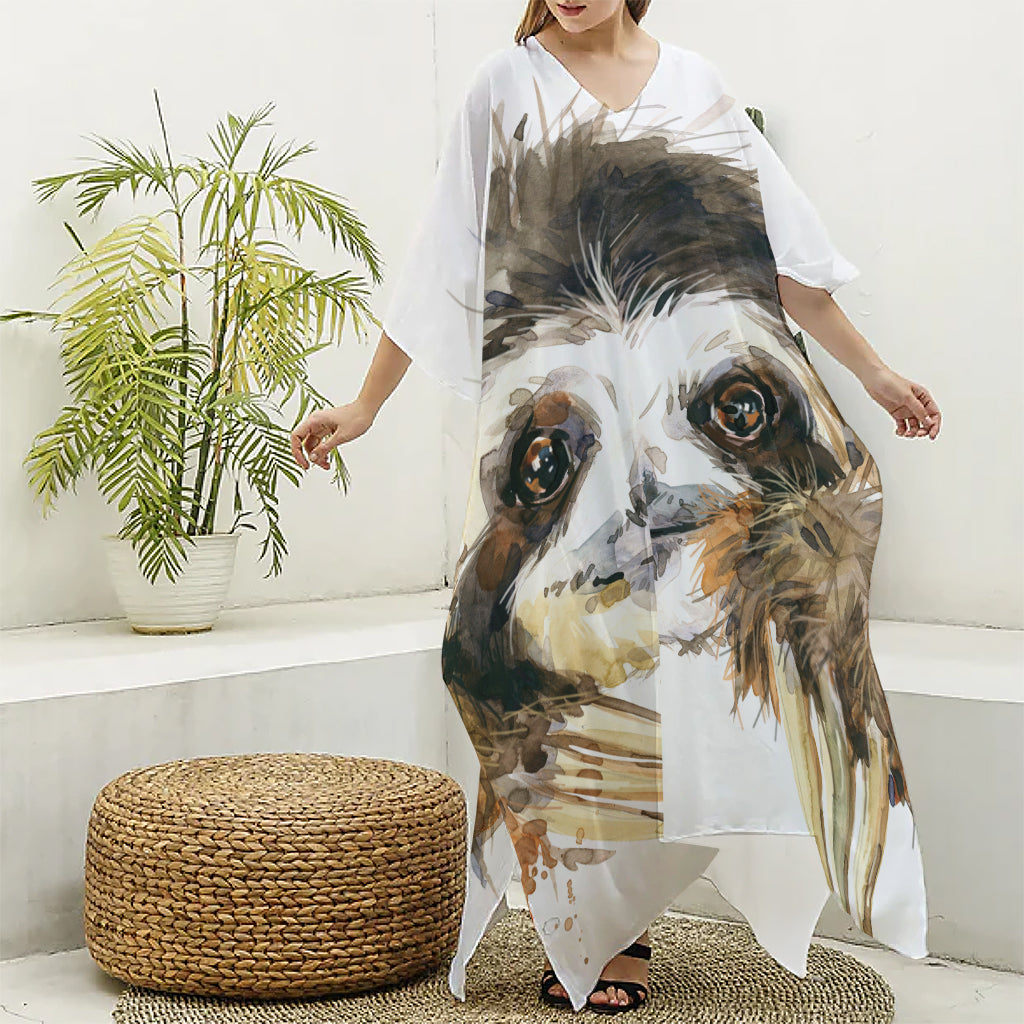 Watercolor Sloth Print Silk V-Neck Kaftan Dress