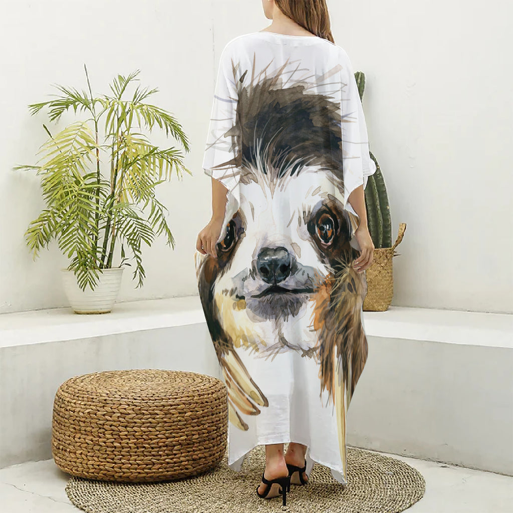 Watercolor Sloth Print Silk V-Neck Kaftan Dress