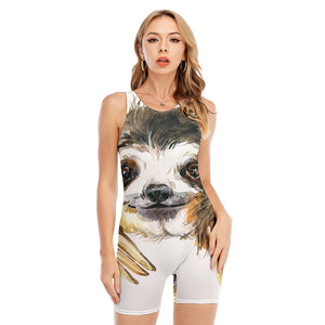 Watercolor Sloth Print Sleeveless One Piece Swimsuit