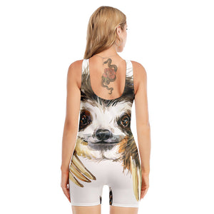 Watercolor Sloth Print Sleeveless One Piece Swimsuit