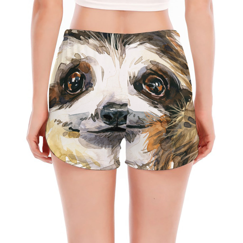 Watercolor Sloth Print Women's Split Running Shorts