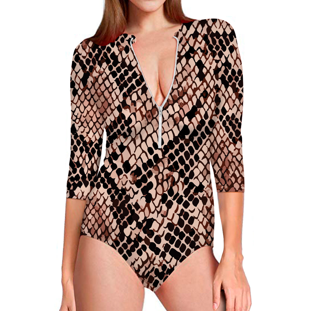 Watercolor Snakeskin Print Long Sleeve Swimsuit