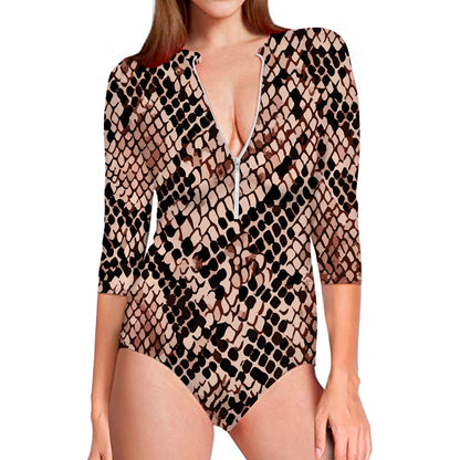 Watercolor Snakeskin Print Long Sleeve Swimsuit
