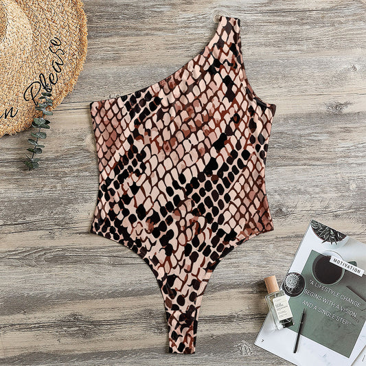 Watercolor Snakeskin Print One Shoulder Bodysuit
