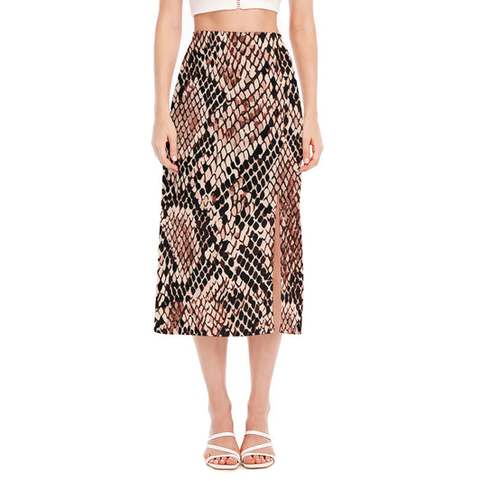 Watercolor Snakeskin Print Side Slit Midi Skirt