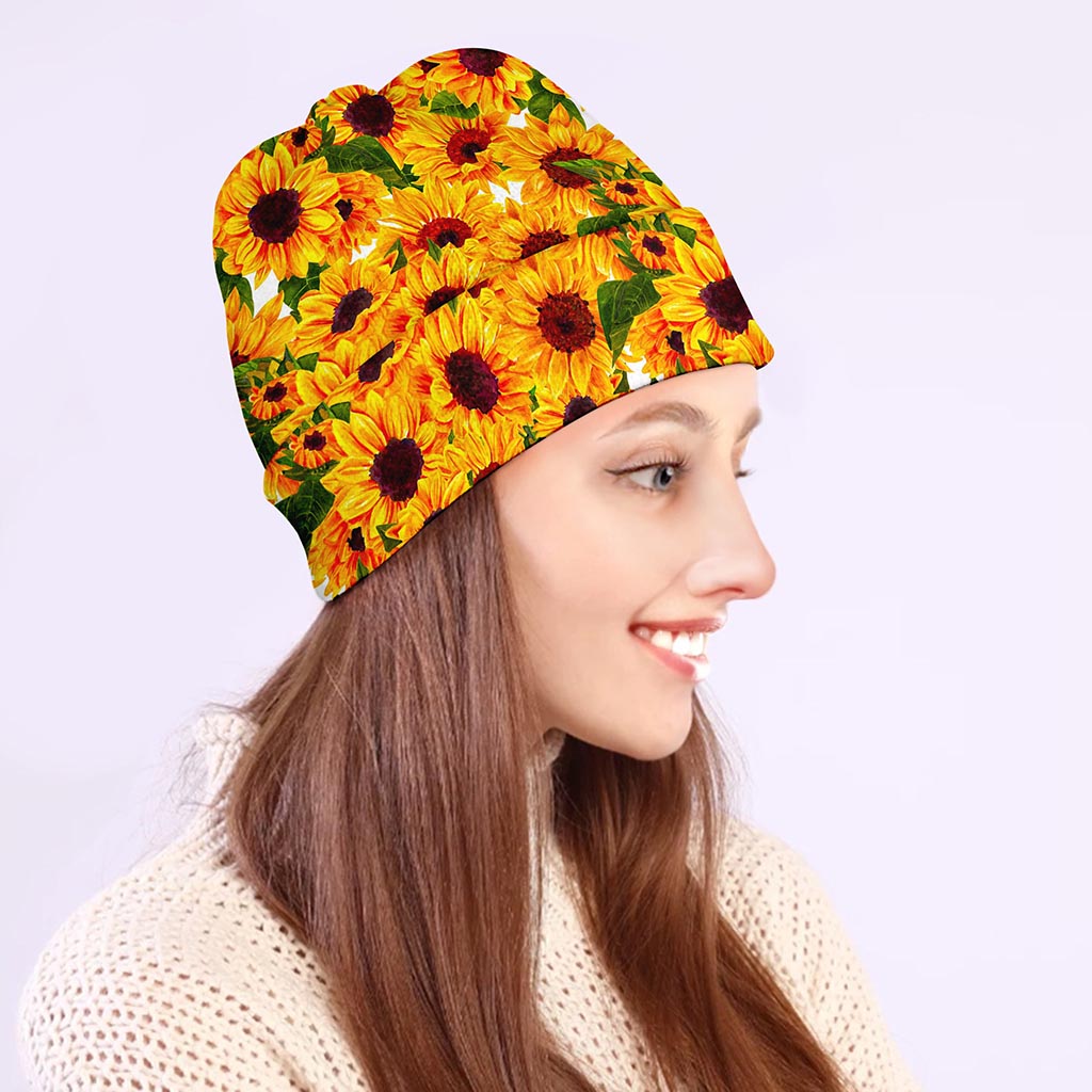 Watercolor Sunflower Pattern Print Beanie