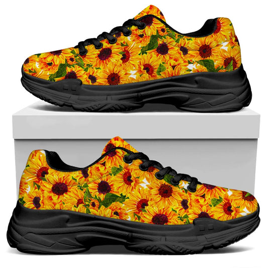 Watercolor Sunflower Pattern Print Black Chunky Shoes