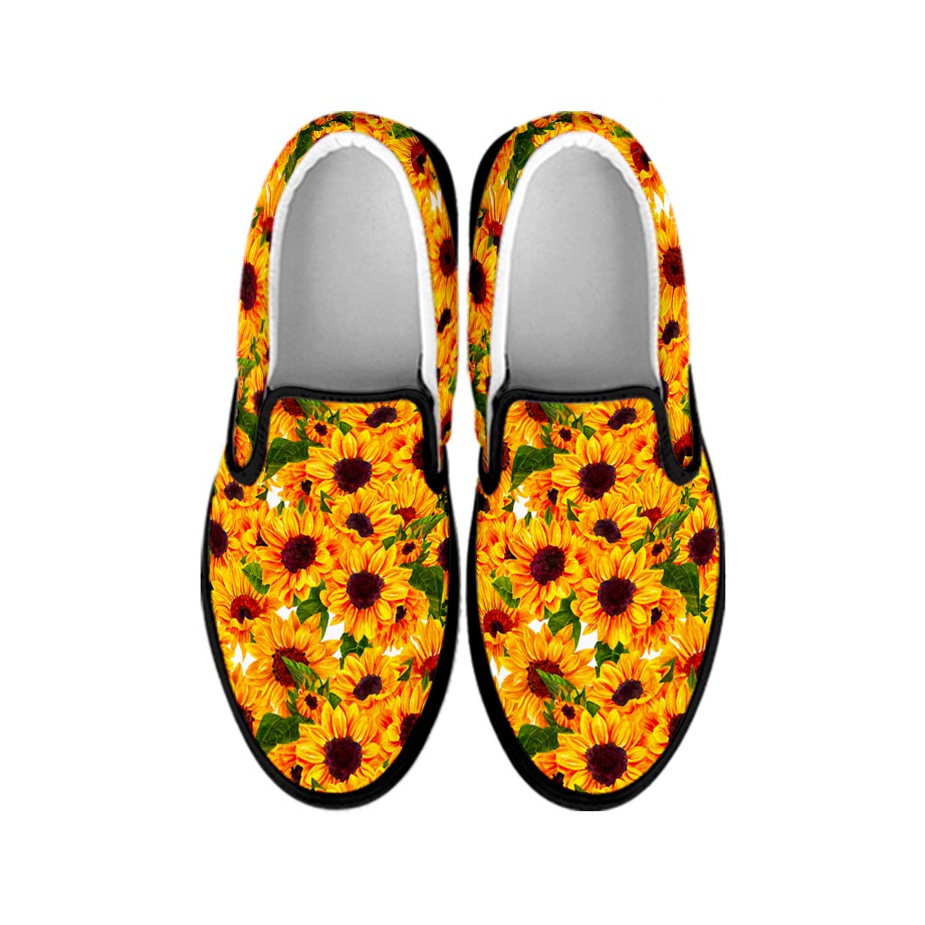 Watercolor Sunflower Pattern Print Black Slip On Sneakers