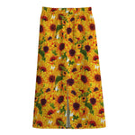 Watercolor Sunflower Pattern Print Cotton Front Slit Maxi Skirt