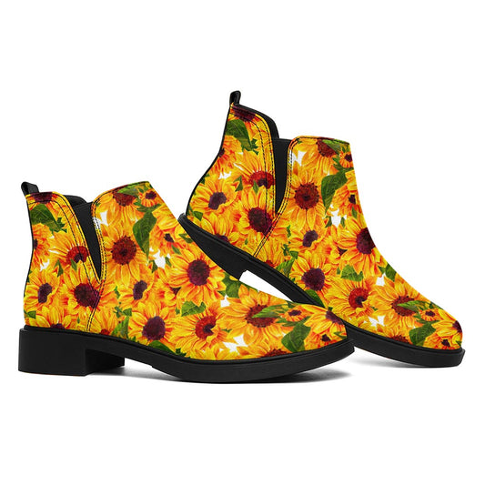 Watercolor Sunflower Pattern Print Flat Ankle Boots