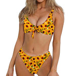 Watercolor Sunflower Pattern Print Front Bow Tie Bikini