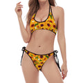 Watercolor Sunflower Pattern Print Halter Scoop Tie Side Bikini