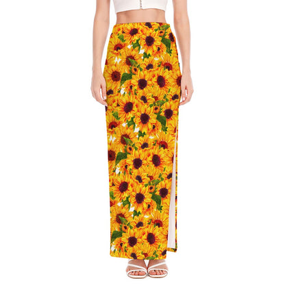 Watercolor Sunflower Pattern Print High Slit Maxi Skirt