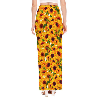 Watercolor Sunflower Pattern Print High Slit Maxi Skirt