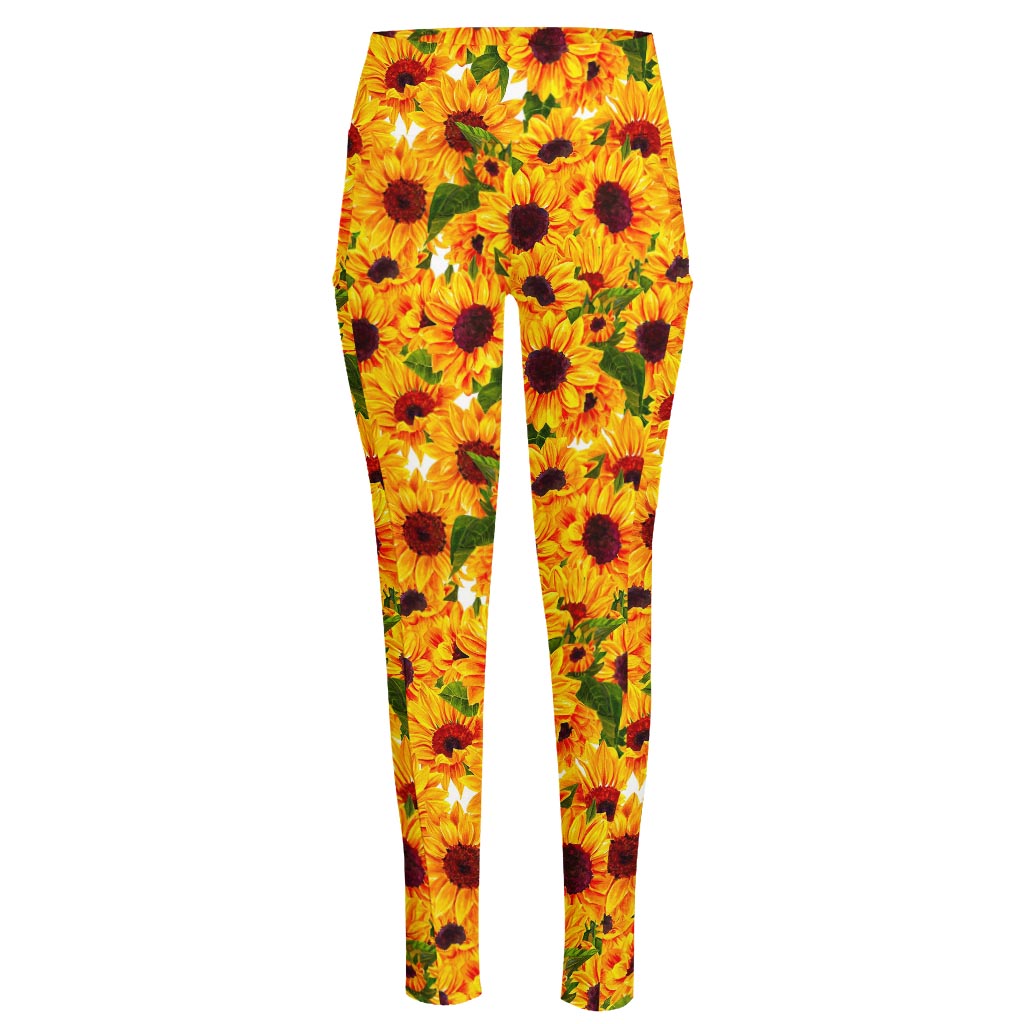 Watercolor Sunflower Pattern Print High-Waisted Pocket Leggings