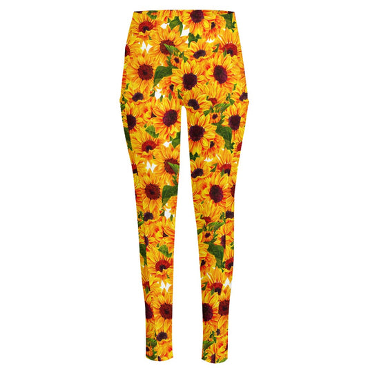 Watercolor Sunflower Pattern Print High-Waisted Pocket Leggings