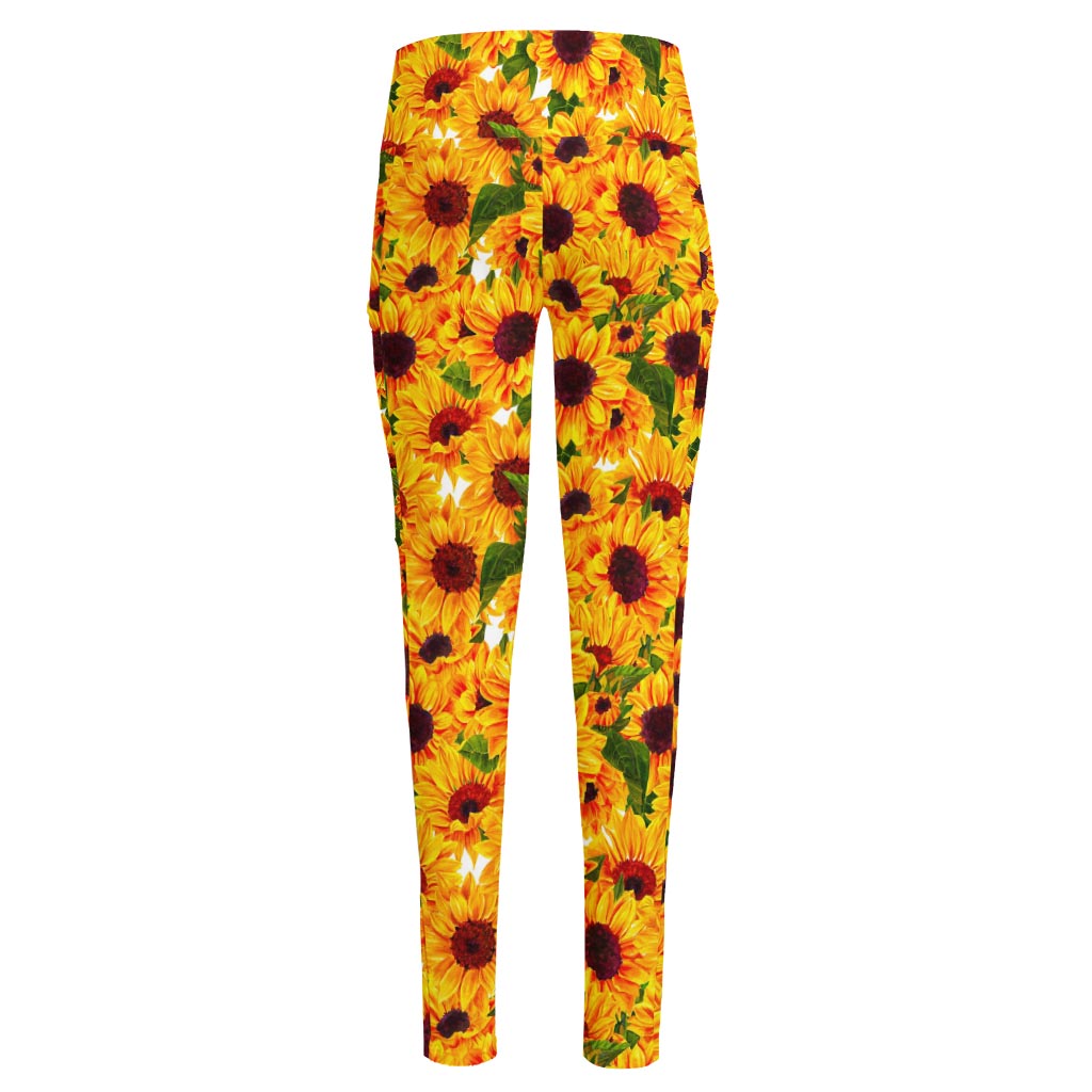 Watercolor Sunflower Pattern Print High-Waisted Pocket Leggings