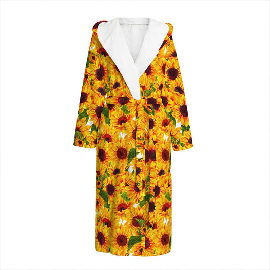 Watercolor Sunflower Pattern Print Hooded Bathrobe