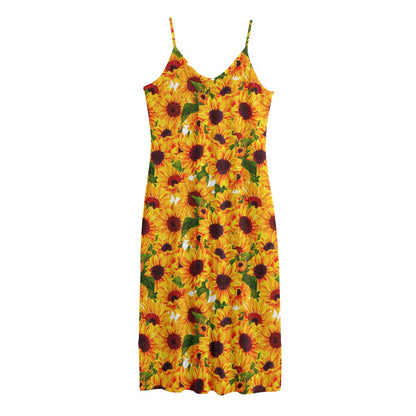 Watercolor Sunflower Pattern Print Jersey Midi Cami Dress