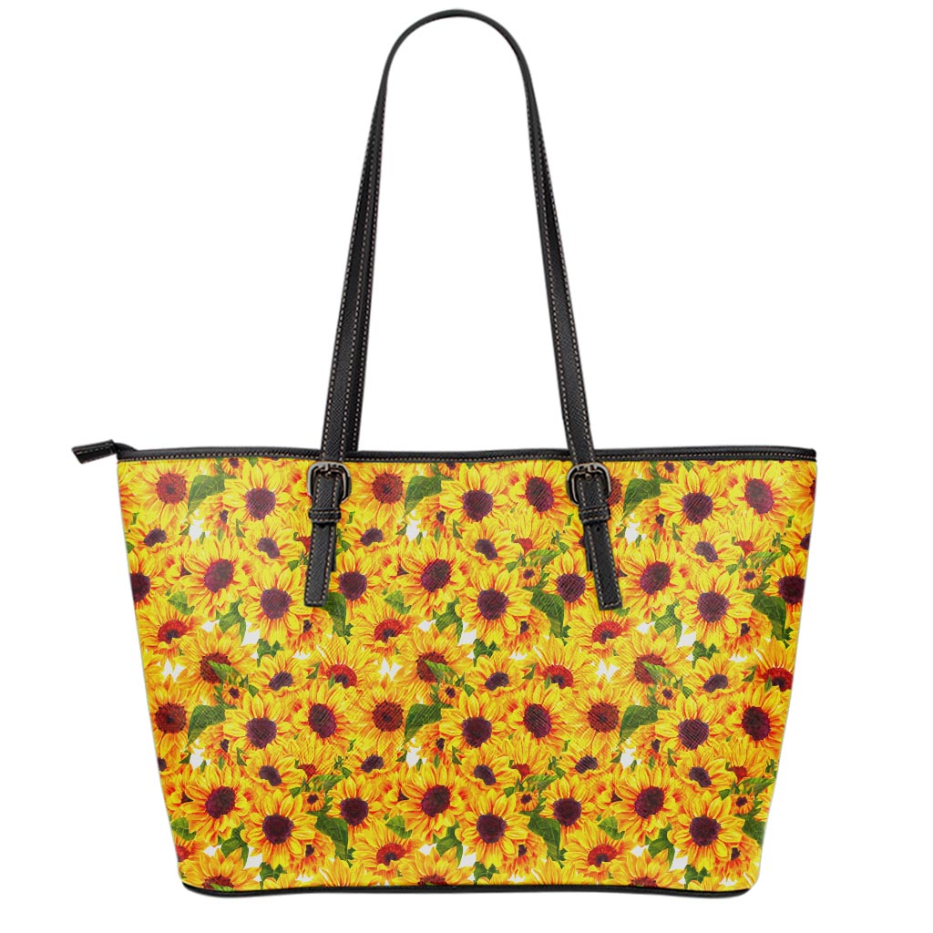 Watercolor Sunflower Pattern Print Leather Tote Bag