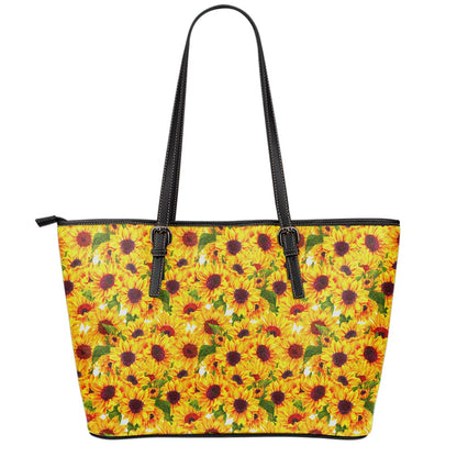 Watercolor Sunflower Pattern Print Leather Tote Bag
