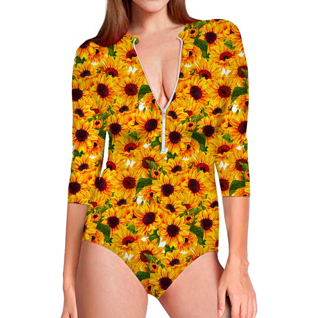 Watercolor Sunflower Pattern Print Long Sleeve Swimsuit