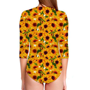 Watercolor Sunflower Pattern Print Long Sleeve Swimsuit