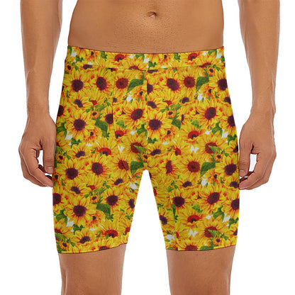 Watercolor Sunflower Pattern Print Men's Long Boxer Briefs