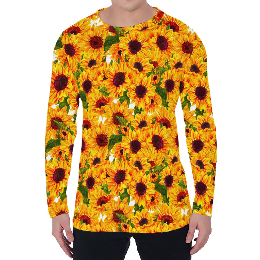Watercolor Sunflower Pattern Print Men's Long Sleeve T-Shirt