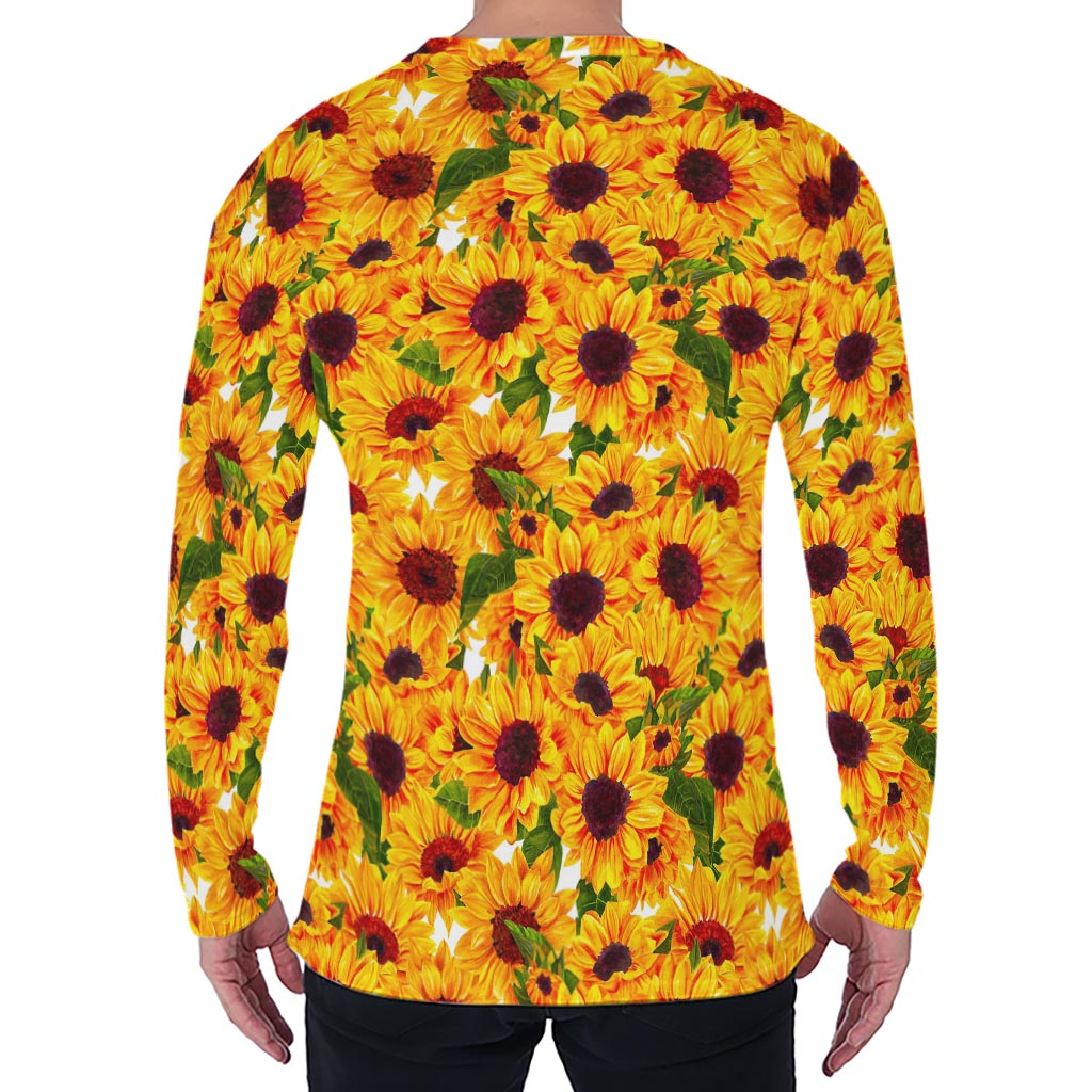 Watercolor Sunflower Pattern Print Men's Long Sleeve T-Shirt