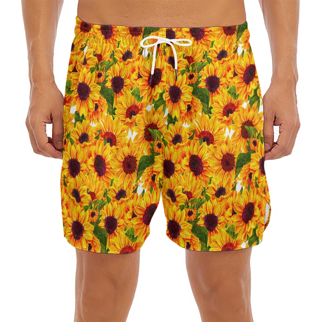 Watercolor Sunflower Pattern Print Men's Split Running Shorts