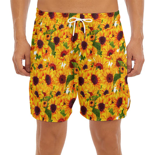 Watercolor Sunflower Pattern Print Men's Split Running Shorts