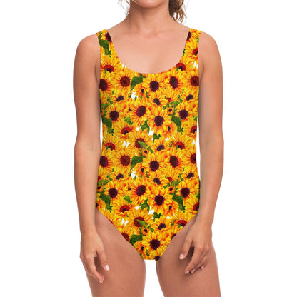 Watercolor Sunflower Pattern Print One Piece Swimsuit