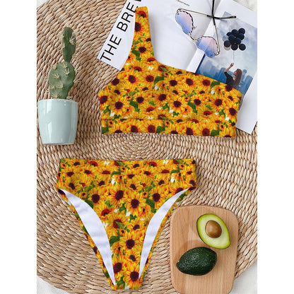 Watercolor Sunflower Pattern Print One Shoulder Bikini Top
