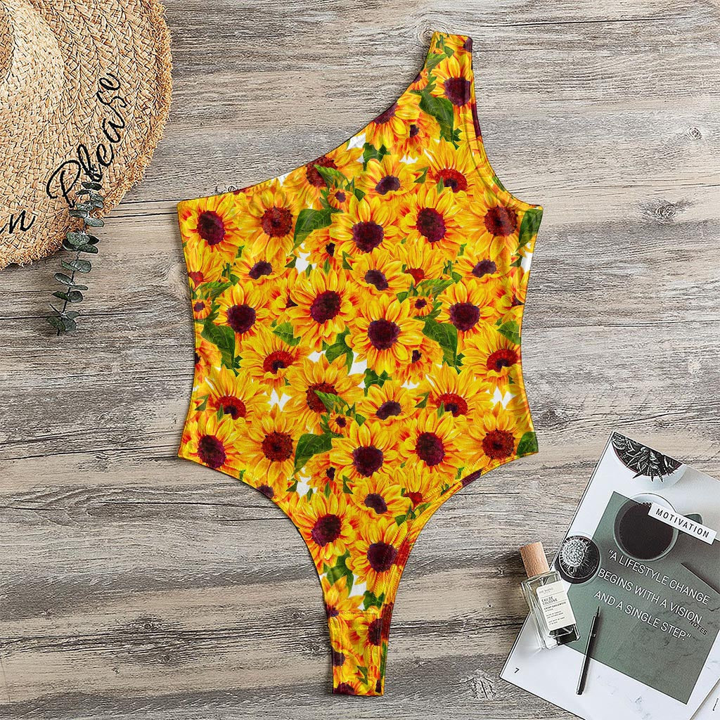 Watercolor Sunflower Pattern Print One Shoulder Bodysuit