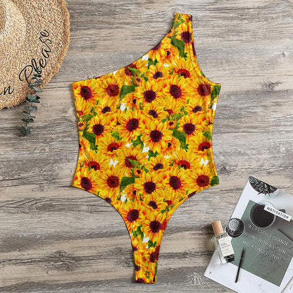Watercolor Sunflower Pattern Print One Shoulder Bodysuit