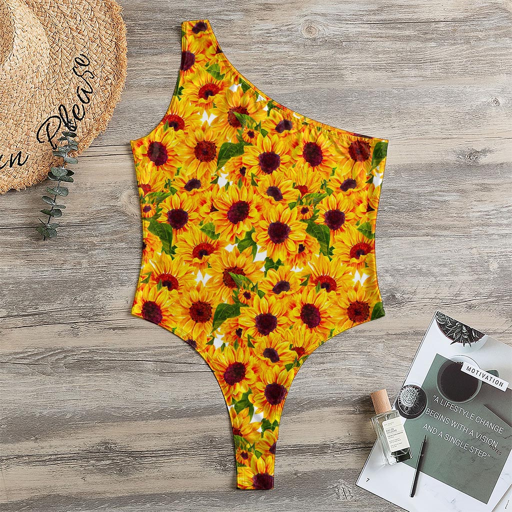 Watercolor Sunflower Pattern Print One Shoulder Bodysuit