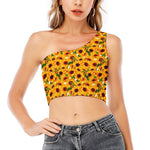 Watercolor Sunflower Pattern Print One Shoulder Crop Top