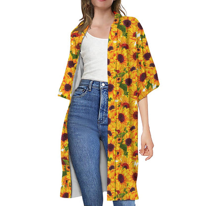 Watercolor Sunflower Pattern Print Open Front Beach Cover Up
