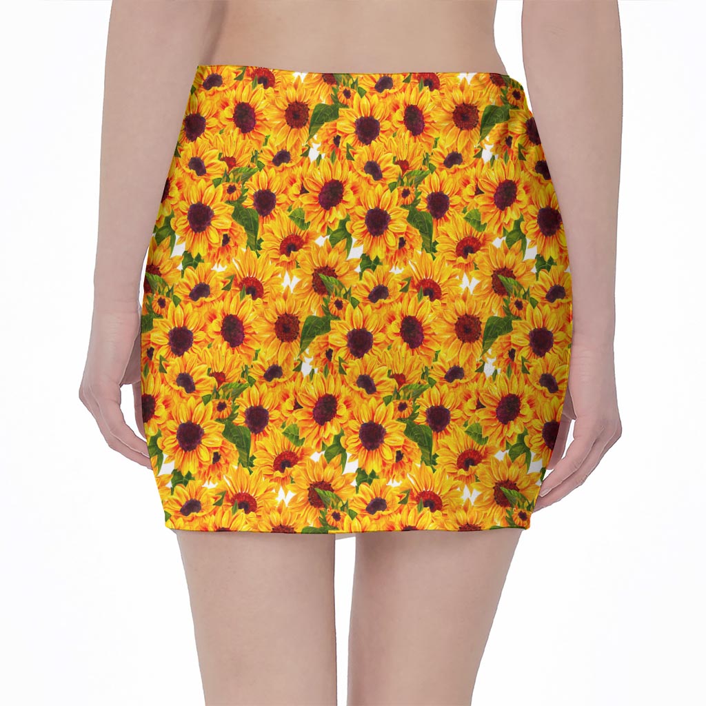 Watercolor Sunflower Pattern Print Pencil Mini Skirt