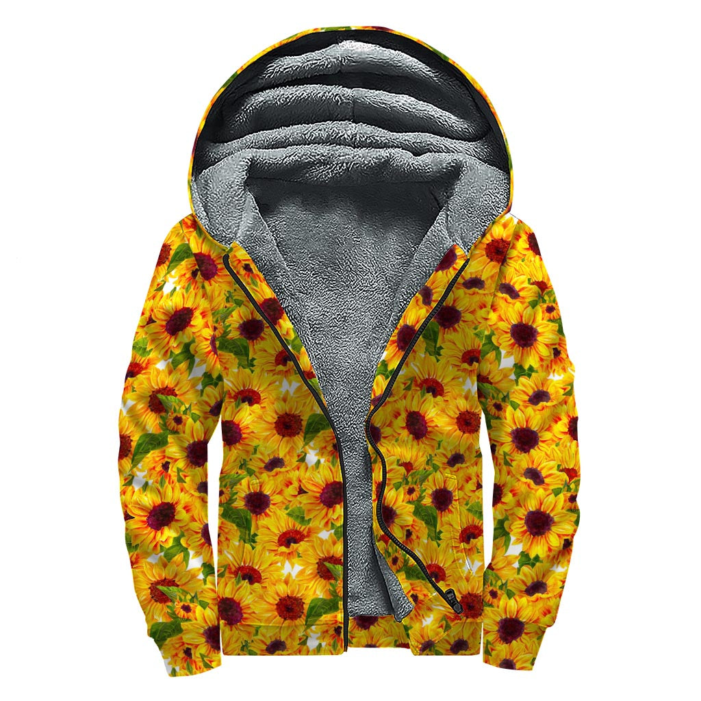 Watercolor Sunflower Pattern Print Sherpa Lined Zip Up Hoodie