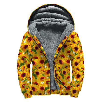 Watercolor Sunflower Pattern Print Sherpa Lined Zip Up Hoodie
